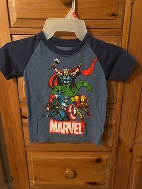 Marvel Blue Raglan Avengers Graphic Tee with Red Accents